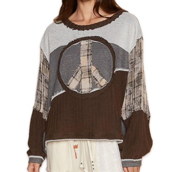 POL Sweat shirt Peace Sign Free Terry Boho / Peace Top Patchwork L Boutique - Picture 2 of 15
